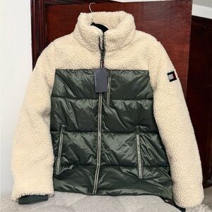 Tommy Hilfiger Cream Sherpa and Olive Quilted Puffer Jacket